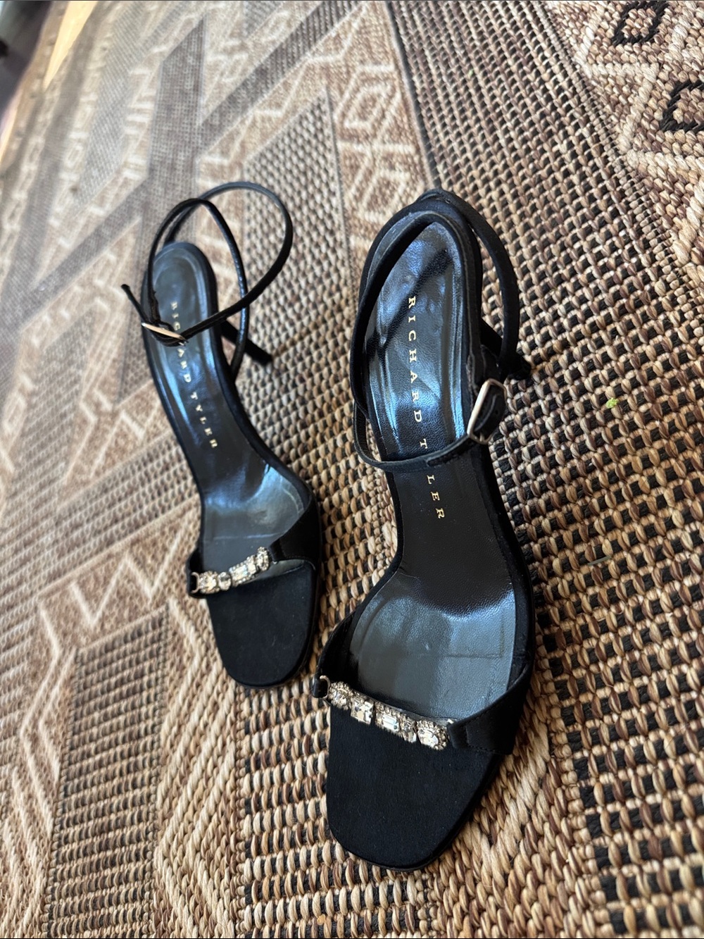 RICHARD TYLER Crystal Embellished Ankle Strap Heels Black Satin Size 6.5